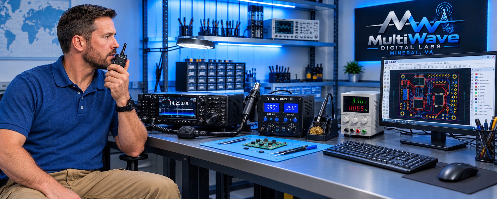 The MultiWave Digital Labs workbench in Mineral, Virginia, with an HF transceiver, soldering station, bench power supply, and a circuit board layout on screen
